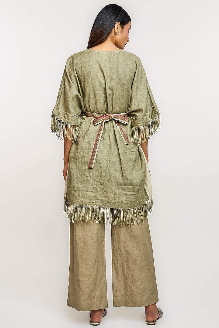 Olive Green Linen Fringed Top by OTT by Tarun Tahiliani at Pernia's Pop Up Shop