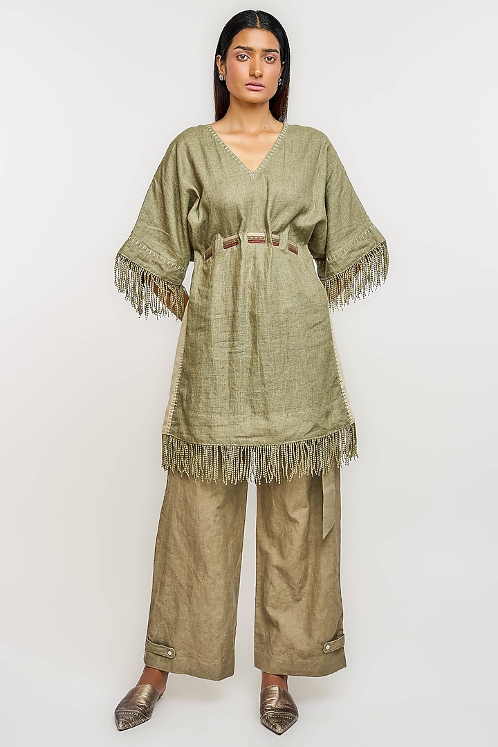 Olive Green Linen Fringed Top by OTT by Tarun Tahiliani at Pernia's Pop Up Shop
