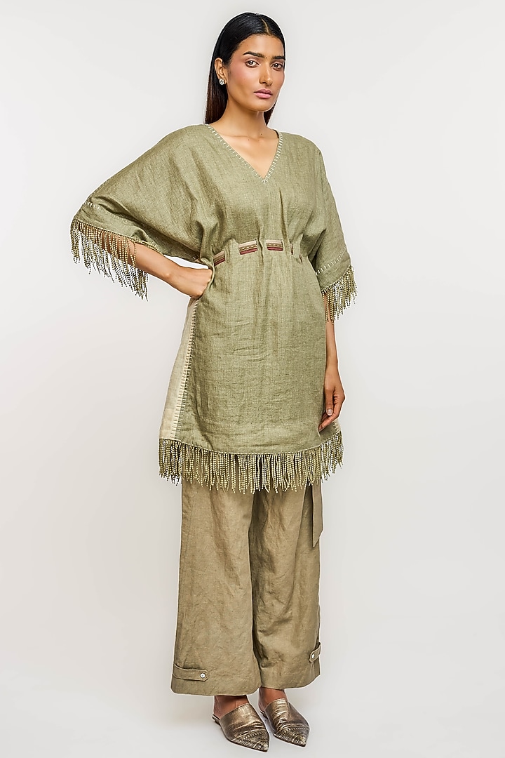 Olive Green Linen Fringed Top by OTT by Tarun Tahiliani at Pernia's Pop Up Shop