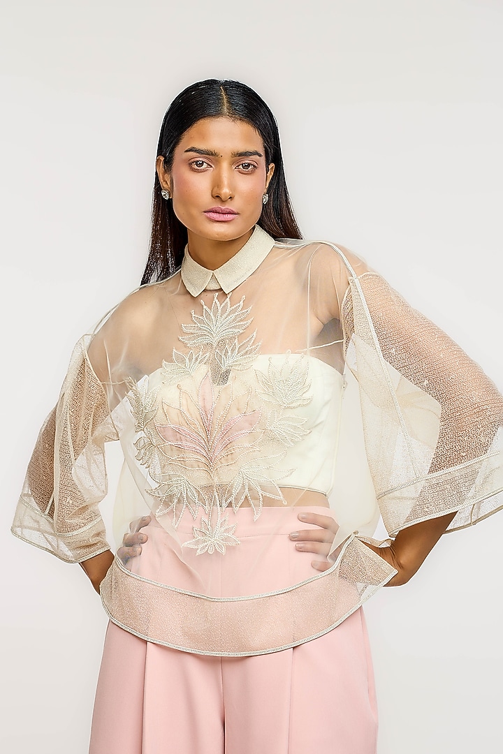Ivory Nylon Applique Sheer Top by OTT by Tarun Tahiliani at Pernia's Pop Up Shop