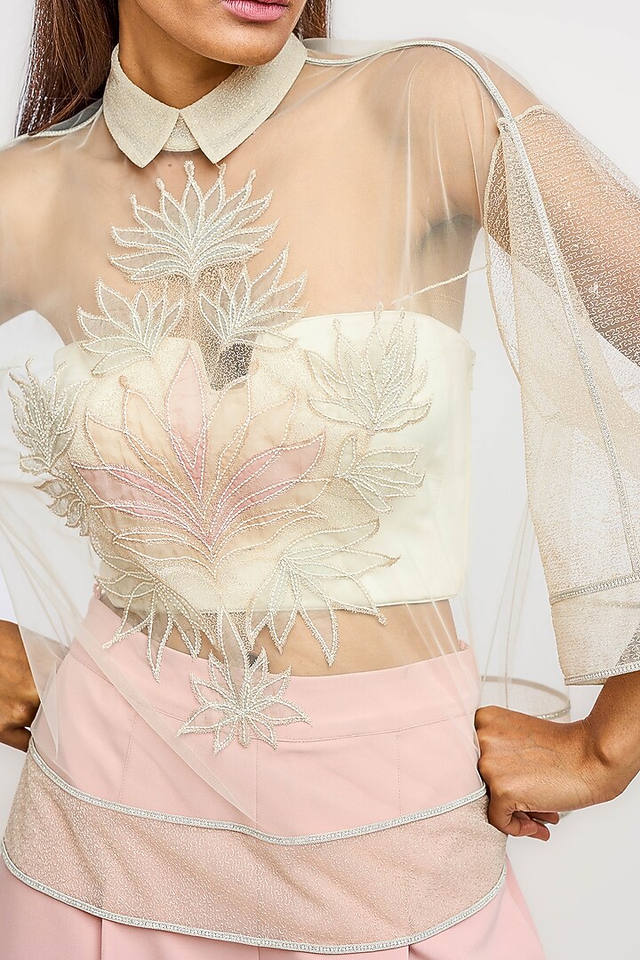Ivory Nylon Applique Sheer Top by OTT by Tarun Tahiliani at Pernia's Pop Up Shop
