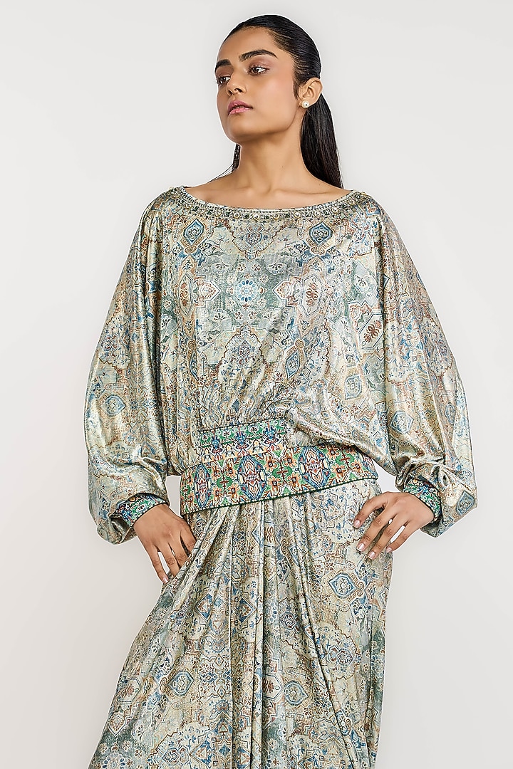 Jade Green Polyester Kilim Printed Metallic Top by OTT by Tarun Tahiliani at Pernia's Pop Up Shop