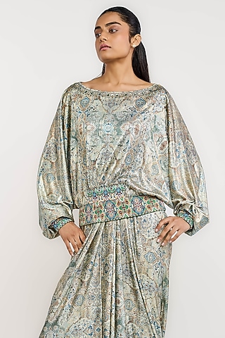 Jade Green Polyester Kilim Printed Metallic Top by OTT by Tarun Tahiliani