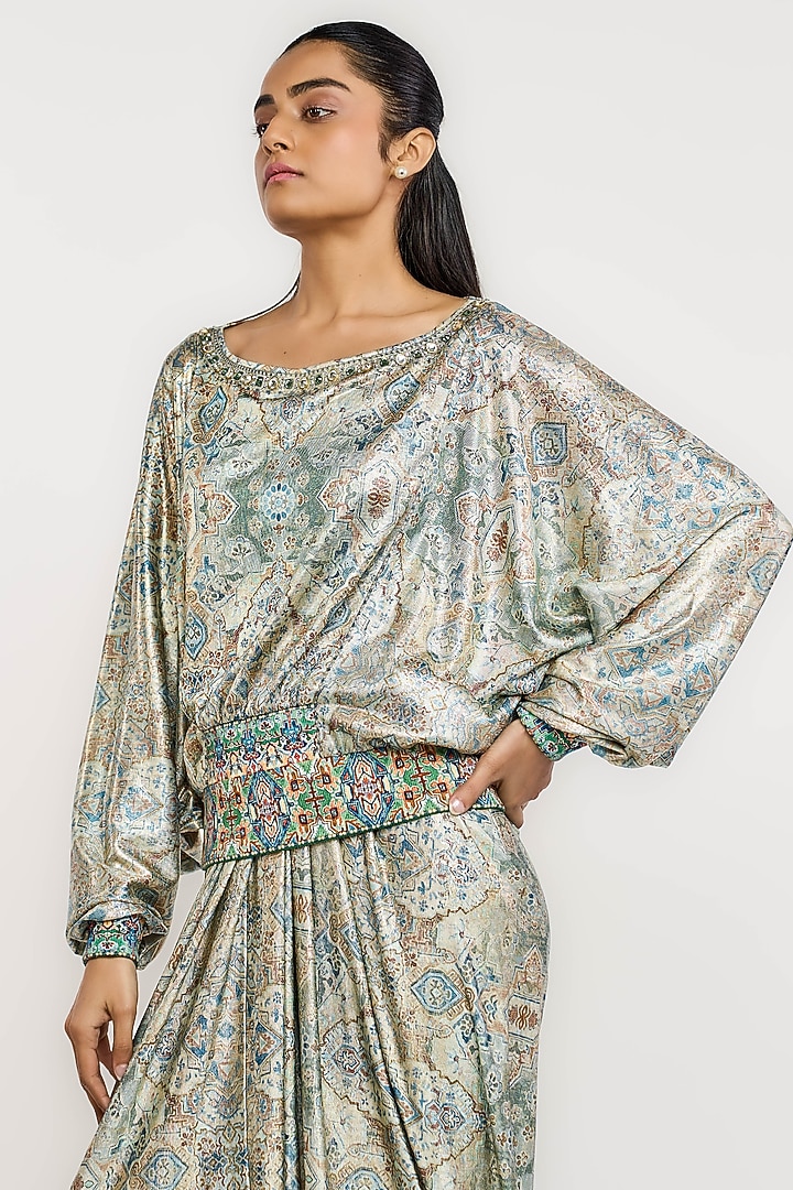 Jade Green Polyester Kilim Printed Metallic Top by OTT by Tarun Tahiliani at Pernia's Pop Up Shop