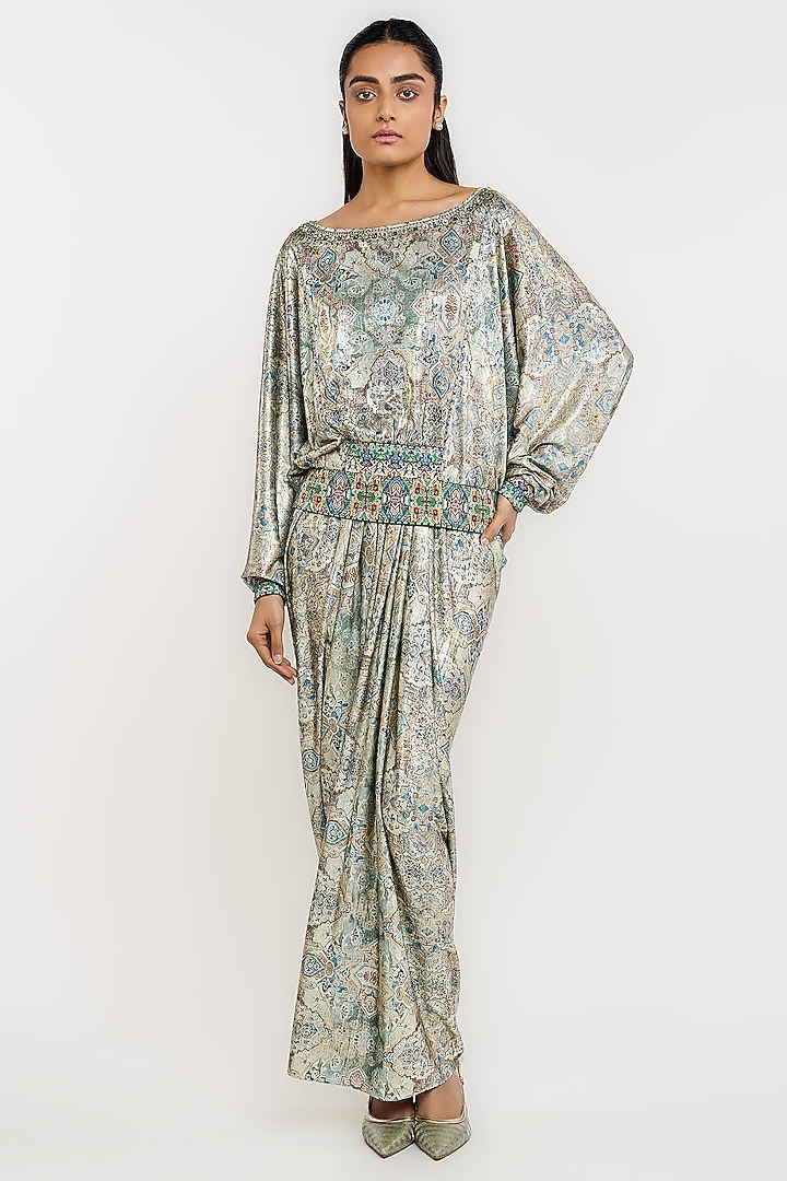 Jade Green Polyester Kilim Printed Metallic Top by OTT by Tarun Tahiliani at Pernia's Pop Up Shop