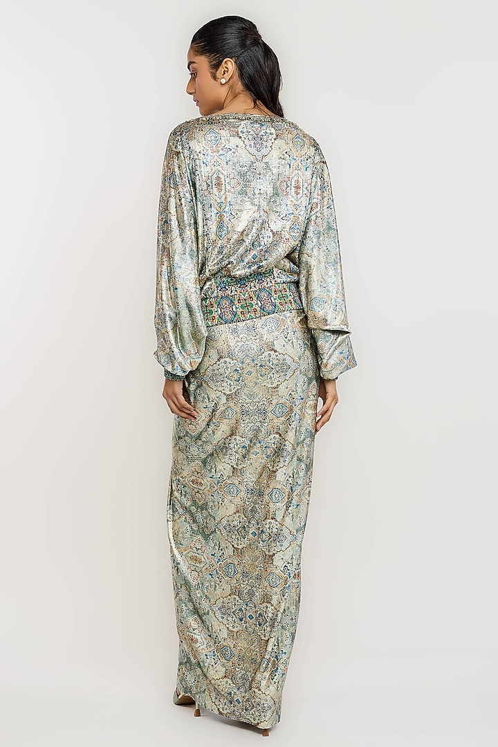 Jade Green Polyester Kilim Printed Metallic Top by OTT by Tarun Tahiliani at Pernia's Pop Up Shop