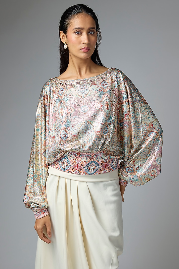 Multi-Colored Foil Jersey Printed Top by OTT by Tarun Tahiliani at Pernia's Pop Up Shop