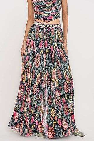 Black Polyester Floral Printed Pleated Trouser by OTT by Tarun Tahiliani