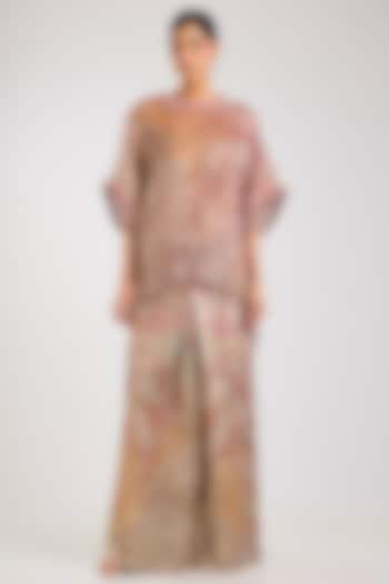 Pink Foil Jersey Artwork Draped Trousers by OTT by Tarun Tahiliani at Pernia's Pop Up Shop
