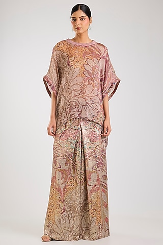 Pink Foil Jersey Artwork Draped Trousers by OTT by Tarun Tahiliani