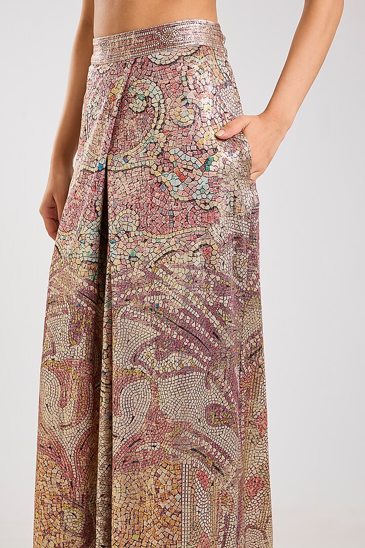Pink Foil Jersey Artwork Draped Trousers by OTT by Tarun Tahiliani at Pernia's Pop Up Shop