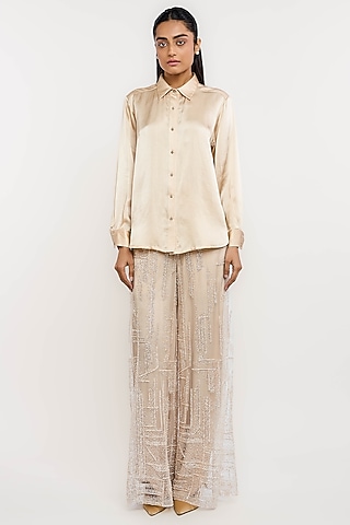 Nude Polyester Crystal Embroidered Trousers by OTT by Tarun Tahiliani