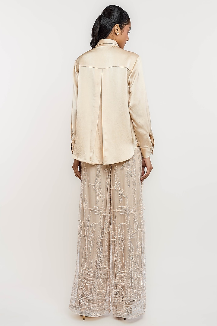 Nude Polyester Crystal Embroidered Trousers by OTT by Tarun Tahiliani at Pernia's Pop Up Shop