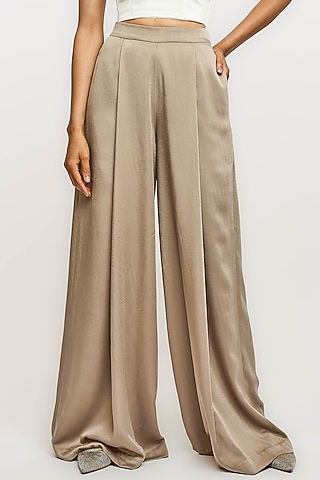Beige Polyester Pleated Trousers by OTT by Tarun Tahiliani