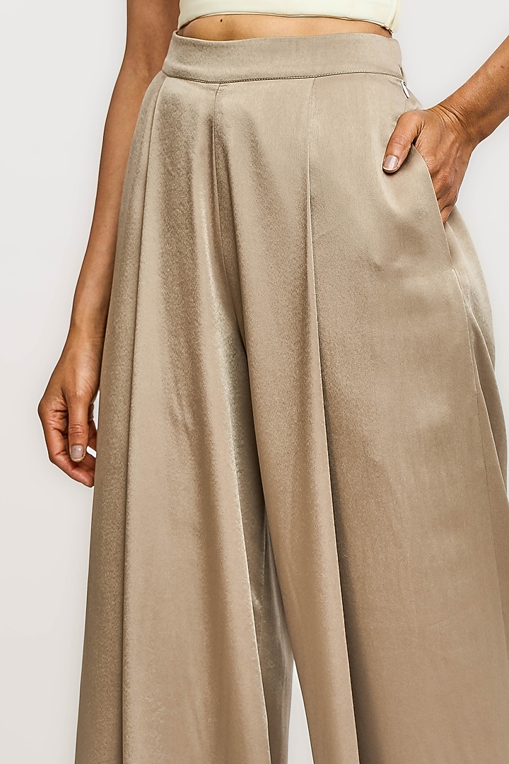 Beige Polyester Pleated Trousers by OTT by Tarun Tahiliani at Pernia's Pop Up Shop