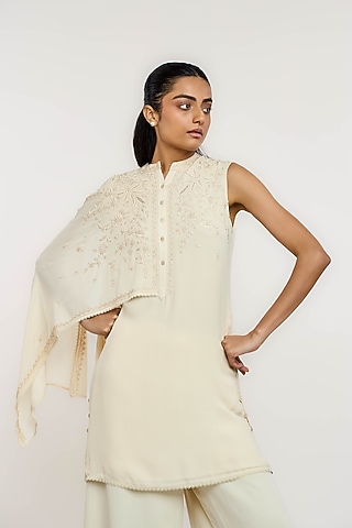 Ivory Silk Georgette Hand Embroidered Tunic by OTT by Tarun Tahiliani
