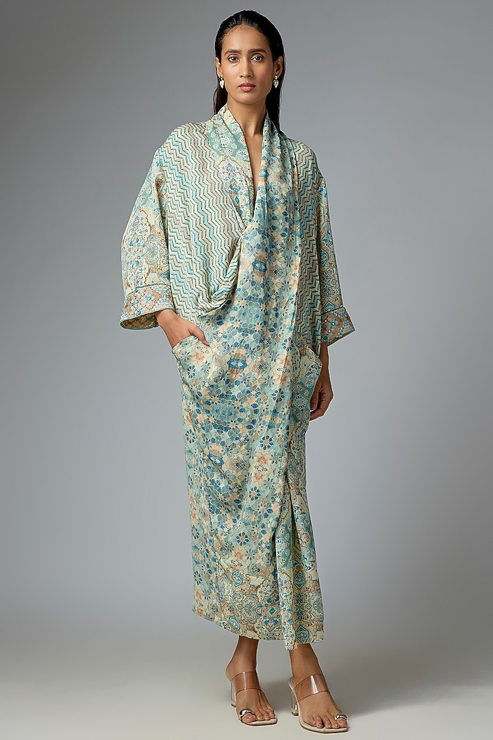 Green Dupion Printed & Embroidered Vacation Dress by OTT by Tarun Tahiliani at Pernia's Pop Up Shop