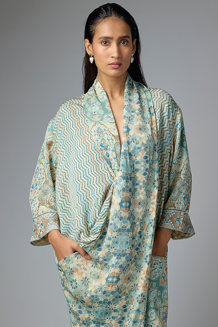 Green Dupion Printed & Embroidered Vacation Dress by OTT by Tarun Tahiliani at Pernia's Pop Up Shop