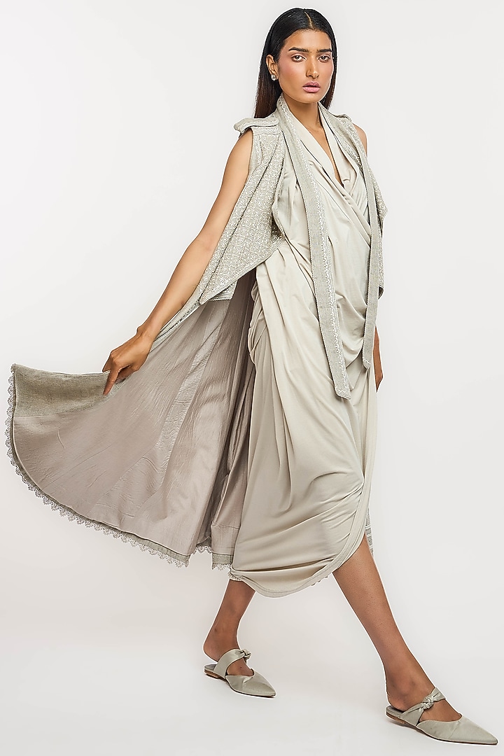Dark Grey Line Hand Embroidered Jacket by OTT by Tarun Tahiliani at Pernia's Pop Up Shop