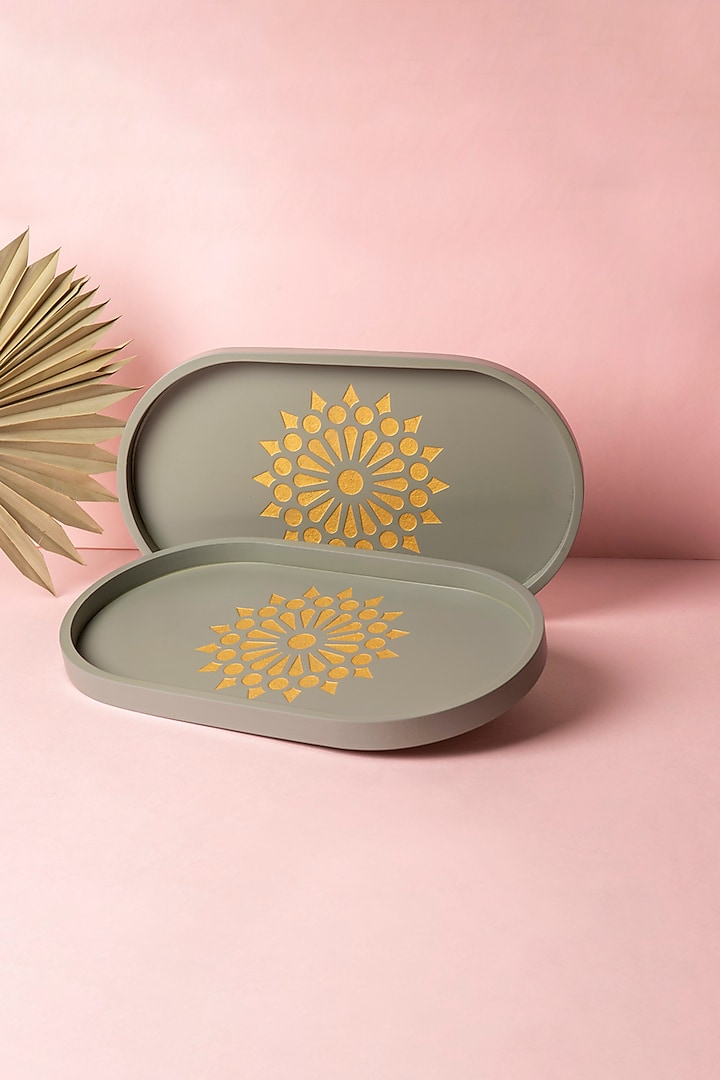 Grey Premium MDF Mandala Oval Tray by BambaiSe