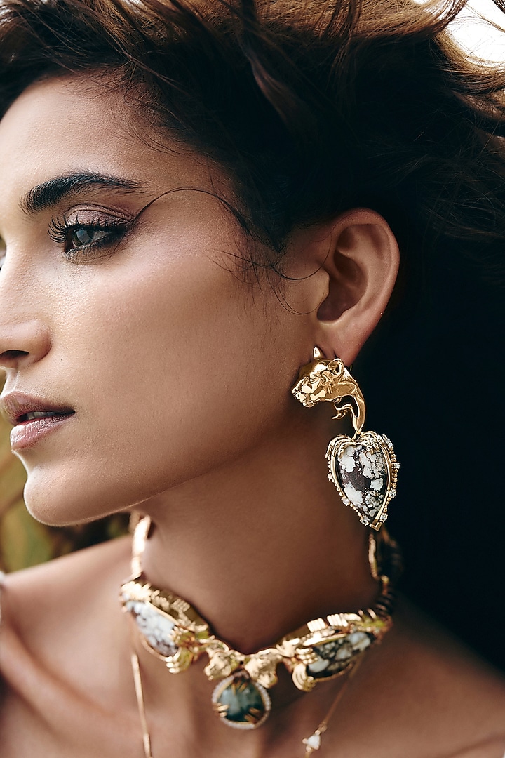 Rose Gold Plated Cubic Zirconia Heart-Shaped Dangler Earrings by Outhouse at Pernia's Pop Up Shop