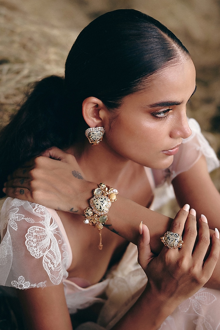 Rose Gold Plated Baroque Pearl & Prehnite Stone Cuff by Outhouse at Pernia's Pop Up Shop