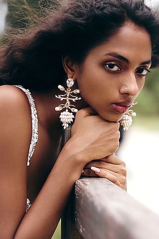 Rose Gold Plated Swarovski Zirconia & Pearl Drop Dangler Earrings by Outhouse