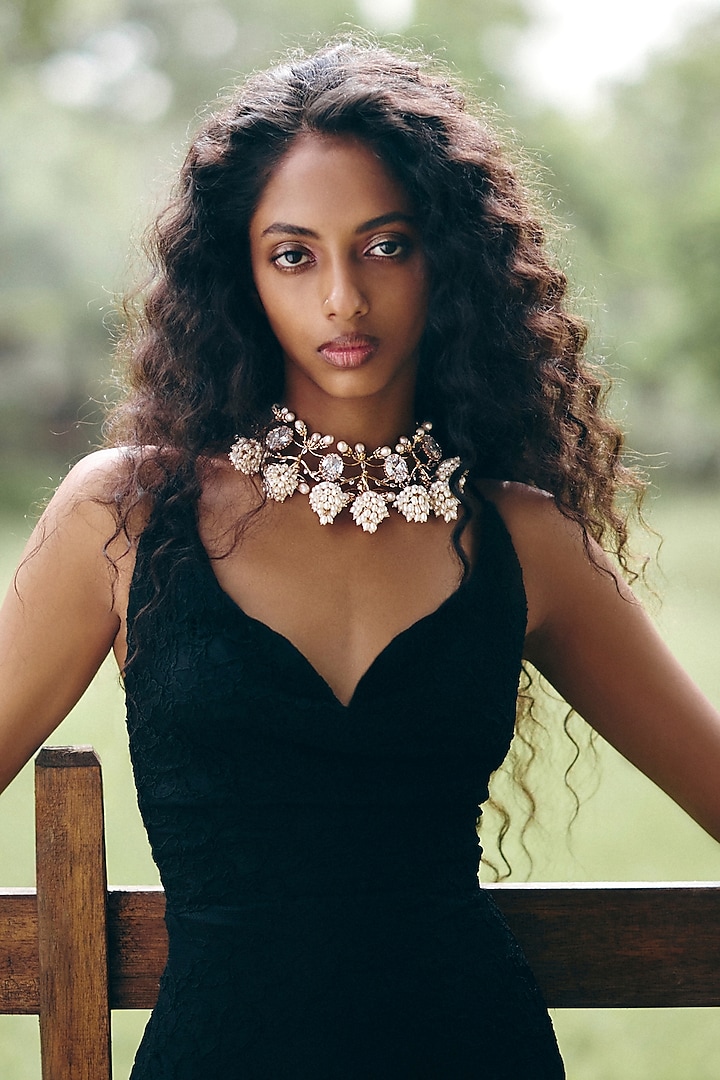 Rose Gold Plated Cubic Zirconia & Pearl Choker Necklace by Outhouse at Pernia's Pop Up Shop