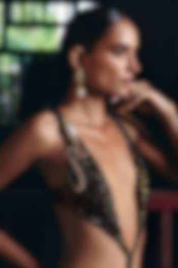 Rose Gold Plated Green-Prehnite Stone Dangler Earrings by Outhouse at Pernia's Pop Up Shop