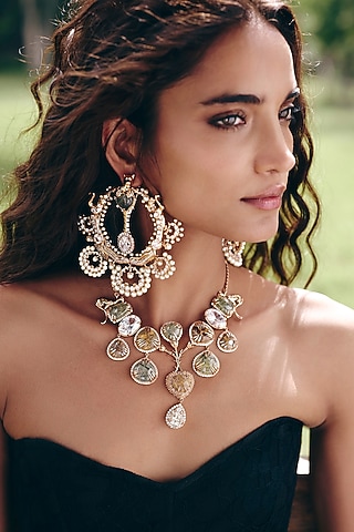 Rose Gold Plated Prehnite Stone Chandbali Earrings by Outhouse