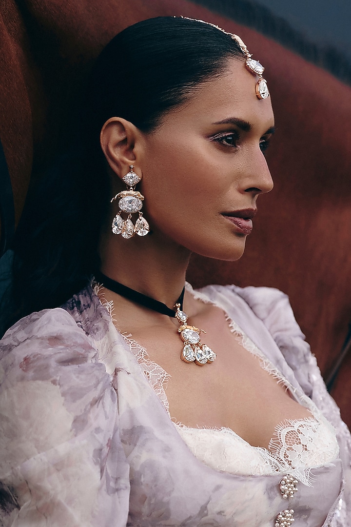 Rose Gold Plated Swarovski Stone Dangler Earrings by Outhouse at Pernia's Pop Up Shop