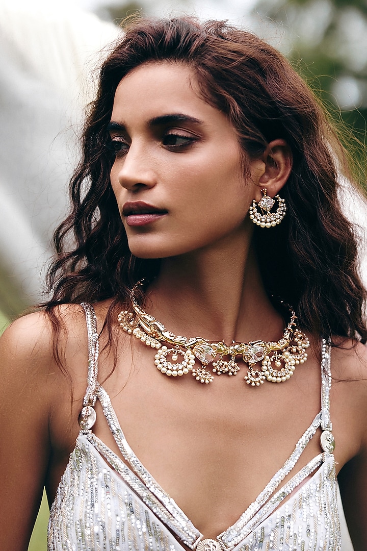 Rose Gold Plated Swarovski Crystal & Pearl Stud Earrings by Outhouse at Pernia's Pop Up Shop