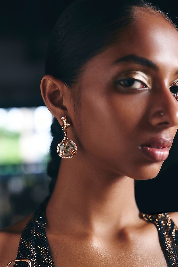 Rose Gold Plated Prehnite Orb & Cubic Zirconia Dangler Earrings by Outhouse at Pernia's Pop Up Shop