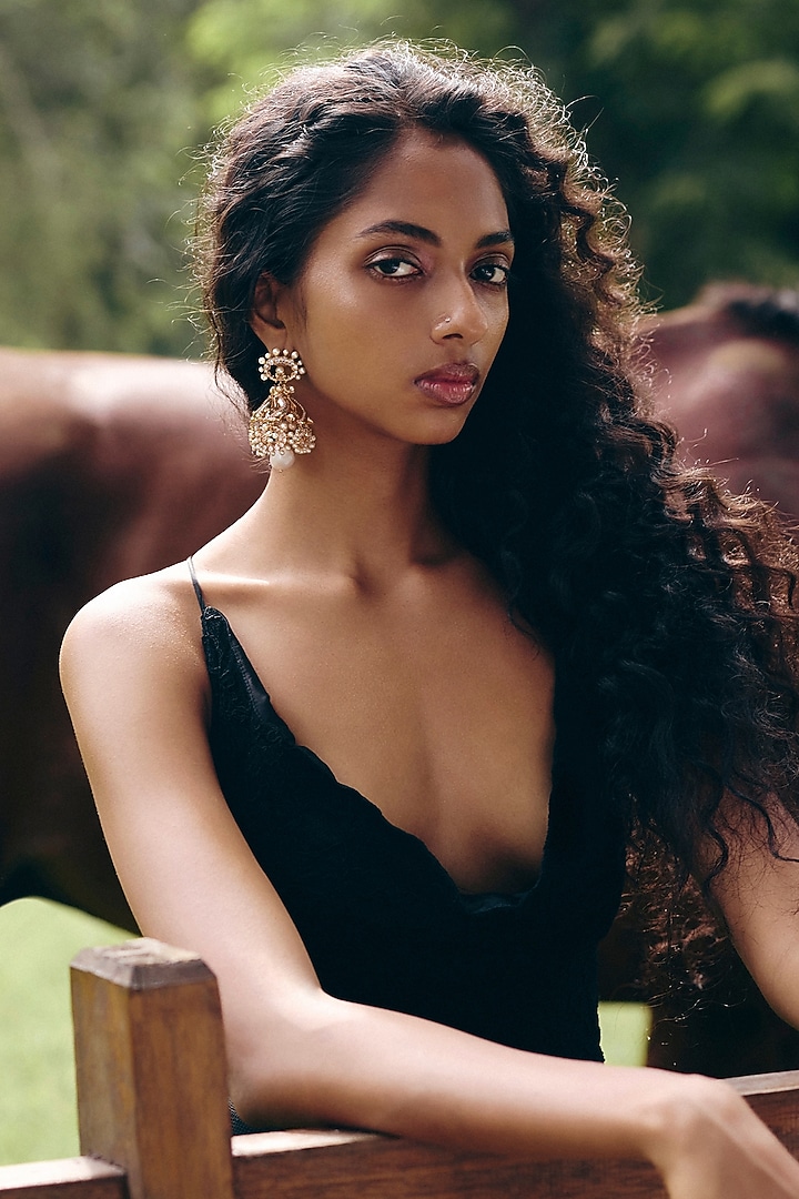 Rose Gold Plated Baroque Pearl & Cubic Zirconia Jhumka Earrings by Outhouse at Pernia's Pop Up Shop