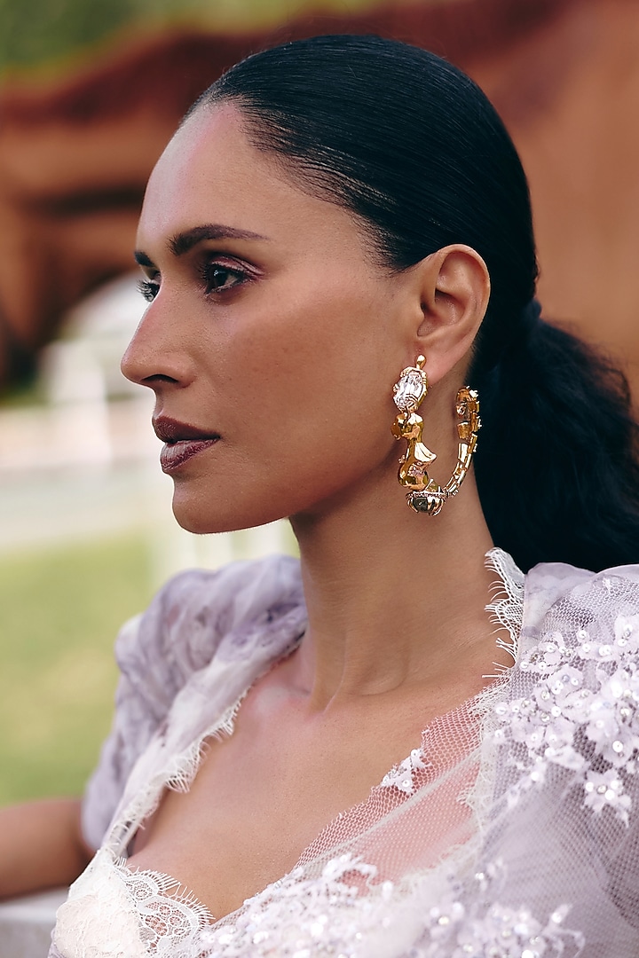 Rose Gold Plated Cubic Zirconia & Swarovski Stone Hoop Earrings by Outhouse at Pernia's Pop Up Shop
