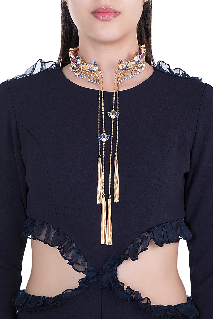 Gold Plated Multi Colored Collar Carved Necklace by Outhouse at Pernia's Pop Up Shop