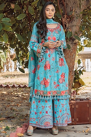 Blue Embroidered Shirt Kurta Set by Oushk By Ussama Shabbir