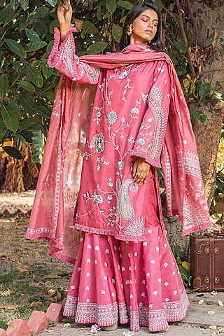 Pink Embroidered Shirt Kurta Set by Oushk By Ussama Shabbir