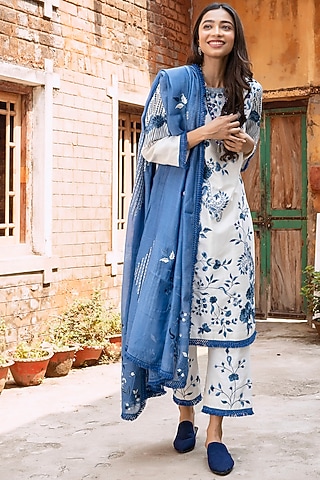 White & Blue Embroidered Shirt Kurta Set by Oushk By Ussama Shabbir