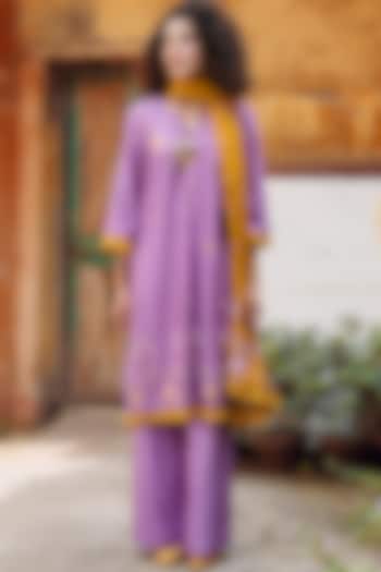 Purple & Mustard Embroidered Shirt Kurta Set by Oushk By Ussama Shabbir