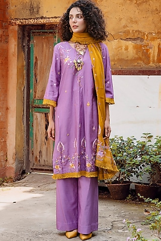 Purple & Mustard Embroidered Shirt Kurta Set by Oushk By Ussama Shabbir