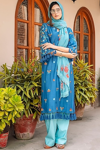 Blue Thread Embroidered Shirt Kurta Set by Oushk By Ussama Shabbir