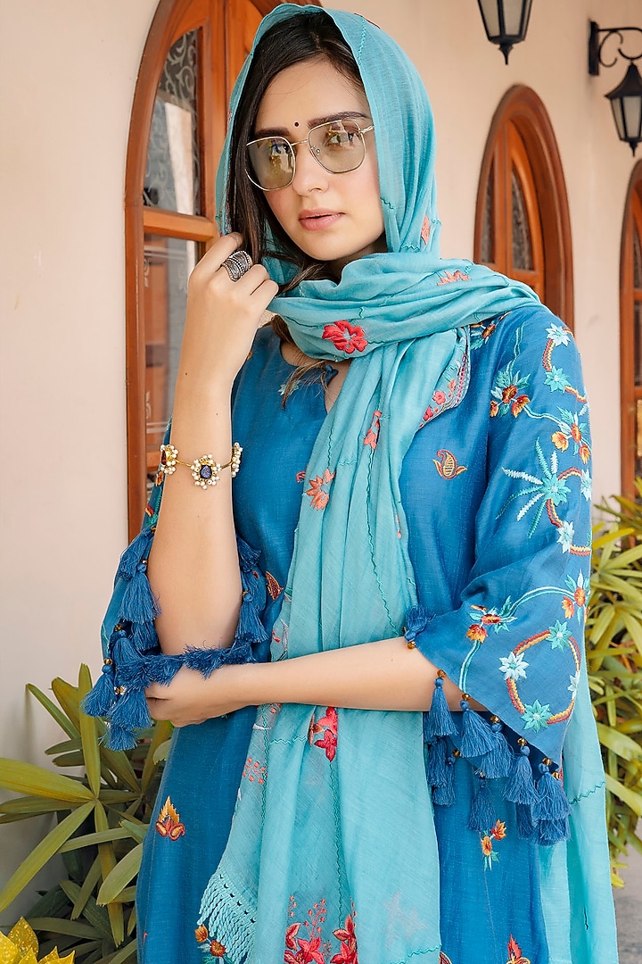 Blue Thread Embroidered Shirt Kurta Set by Oushk By Ussama Shabbir at Pernia's Pop Up Shop