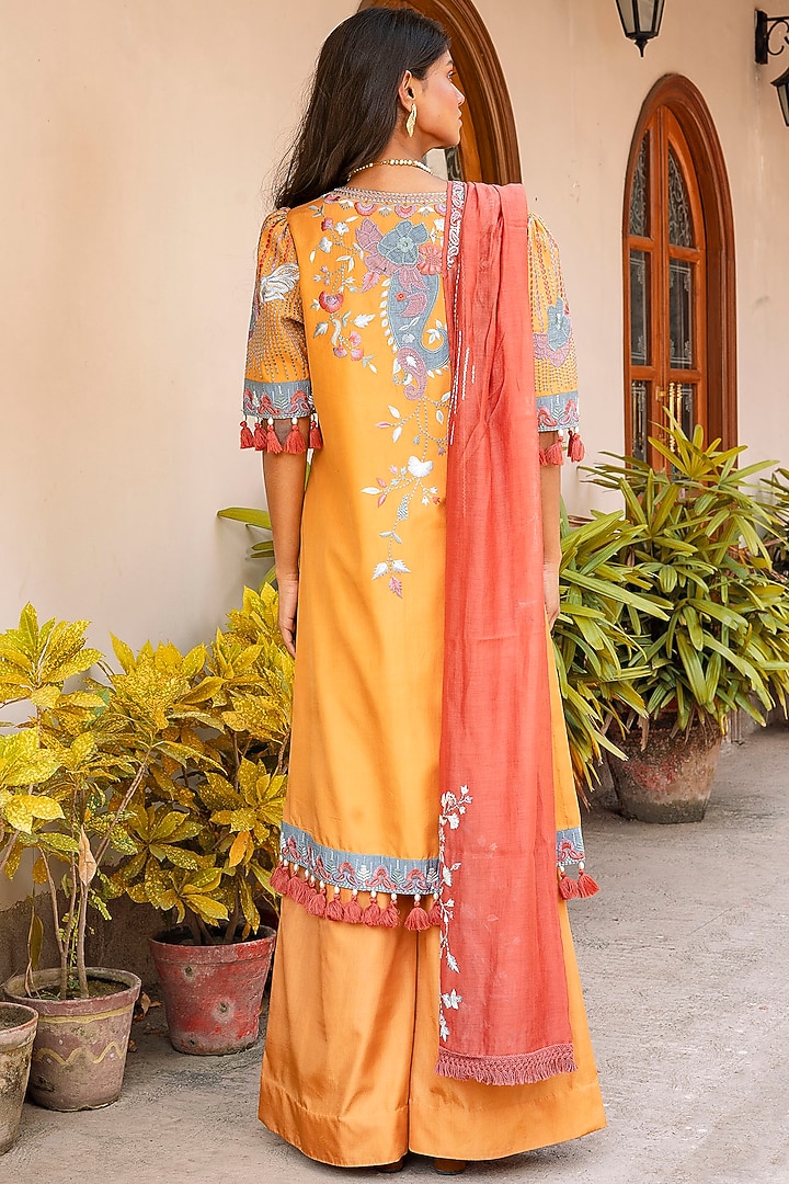 Mustard & Cherry Red Embroidered Shirt Kurta Set by Oushk By Ussama Shabbir at Pernia's Pop Up Shop