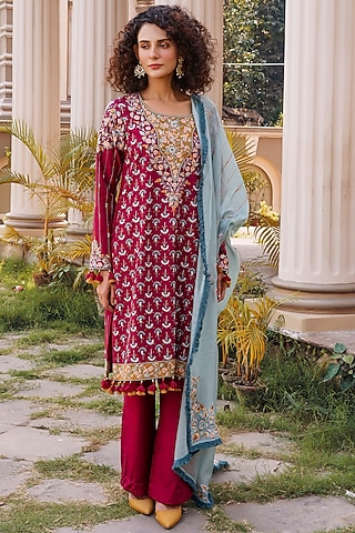 Cherry Red & Blue Embroidered Shirt Kurta Set by Oushk By Ussama Shabbir