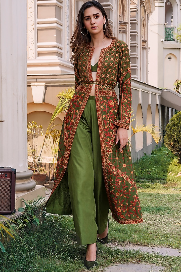 Green Embroidered Jacket Set by Oushk By Ussama Shabbir
