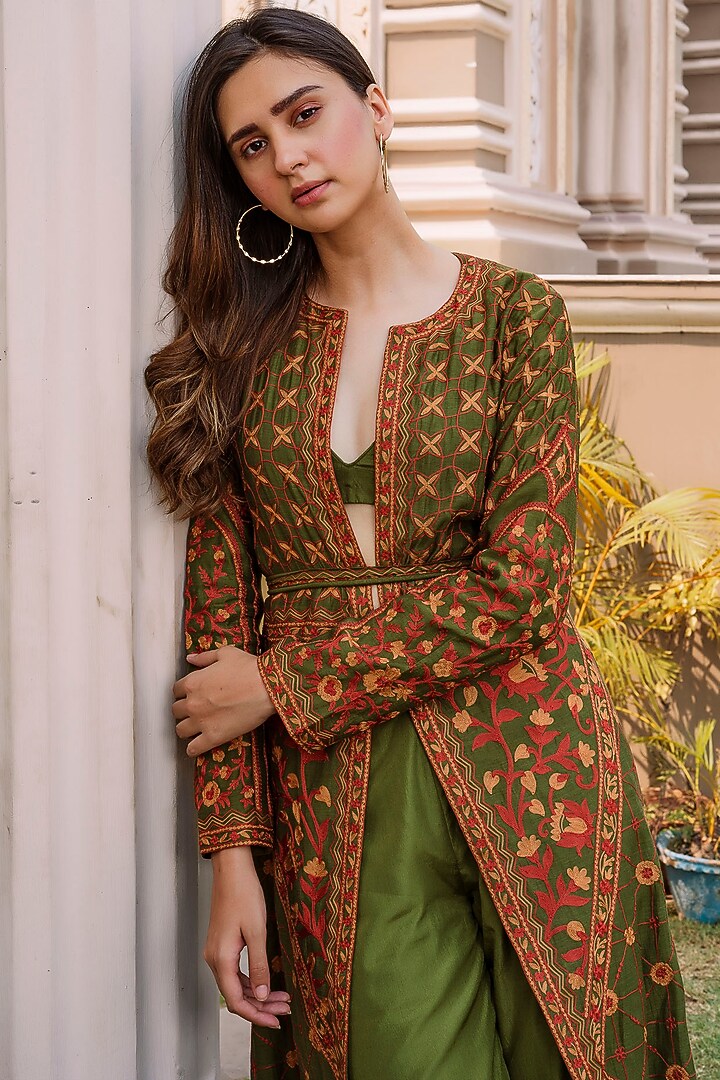 Green Embroidered Jacket Set by Oushk By Ussama Shabbir at Pernia's Pop Up Shop