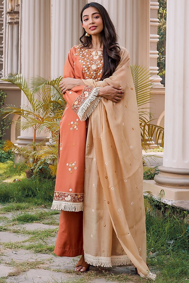 Mustard Embroidered Shirt Kurta Set by Oushk By Ussama Shabbir