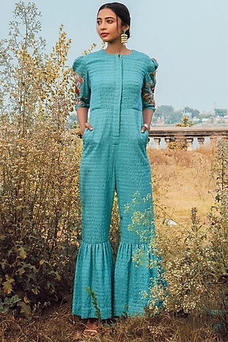 Blue Hand Embroidered Jumpsuit With Pockets by Oushk By Ussama Shabbir