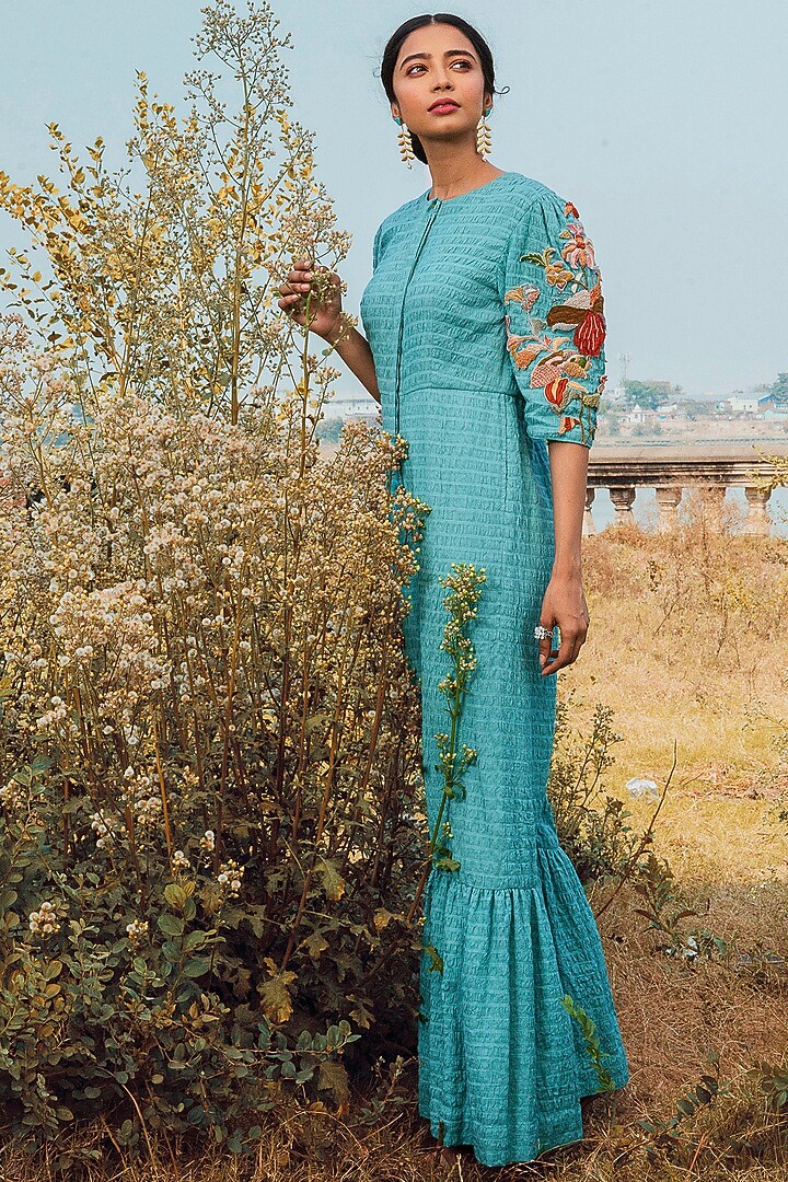 Blue Hand Embroidered Jumpsuit With Pockets by Oushk By Ussama Shabbir at Pernia's Pop Up Shop